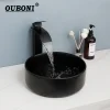 OUBONI Bathroom Basin Faucet Set Round Ceramic Washbasins Waterfall Outlet Hot and Cold Mixer Taps Matte Black Pop Up Drain
